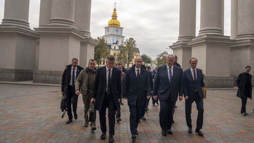 French Foreign Minister Jean-Noel Barrot and Ukrainian Minister of Foreign Affairs Andrii Sybiha walk towards Ministry of Foreign Affairs in Kyiv, Ukraine, Oct 19th 2024