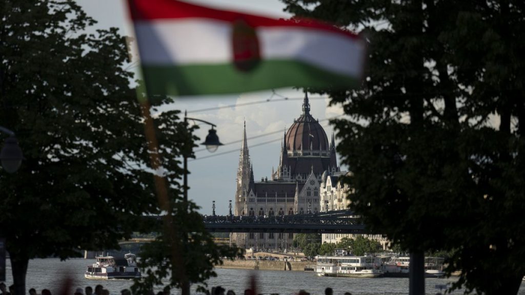 eople wave a Hungarian national flag next to the Danube river, in Budapest, Thursday May 30, 2024,