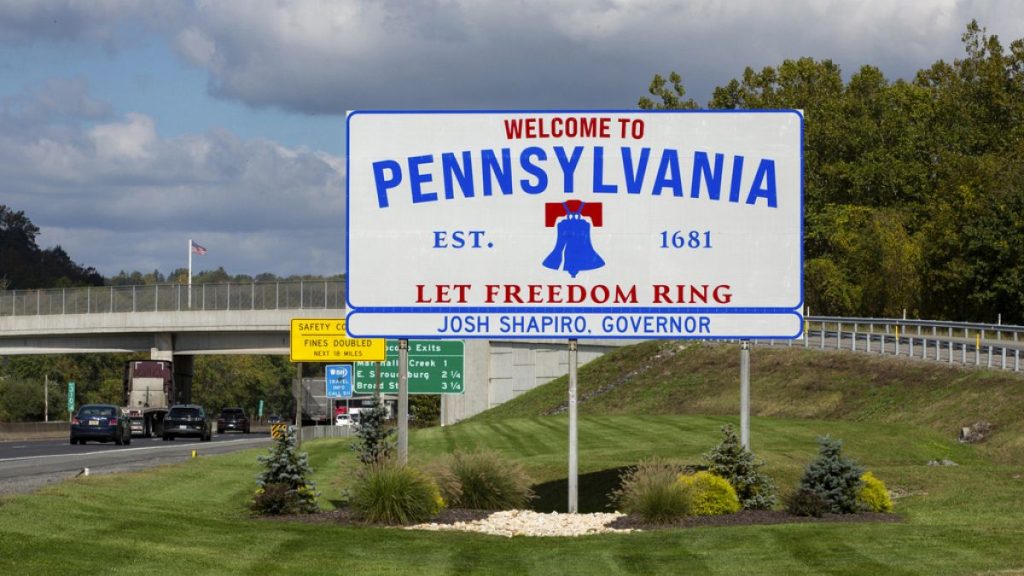 A new highway sign on Interstate 80 with the slogan Let Freedom Ring welcomes visitors traveling into Pennsylvania in Monroe County, PA, 3 October 2024.