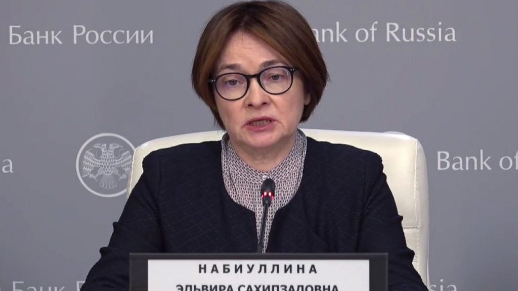 Russian Central Bank Chief Elvira Nabiullina holds a news briefing