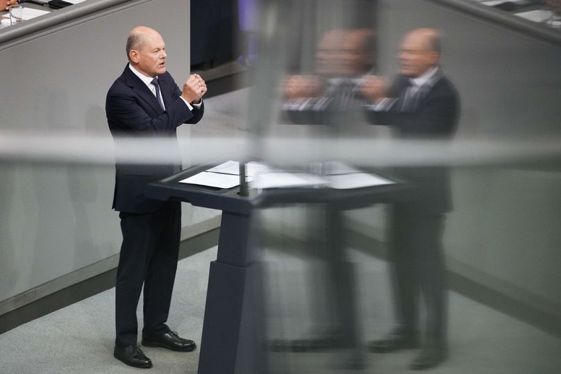 Le chancelier allemand Olaf Scholz s'exprime lors d'un débat général du Parlement allemand au Bundestag à Berlin, le 11 septembre 2024.