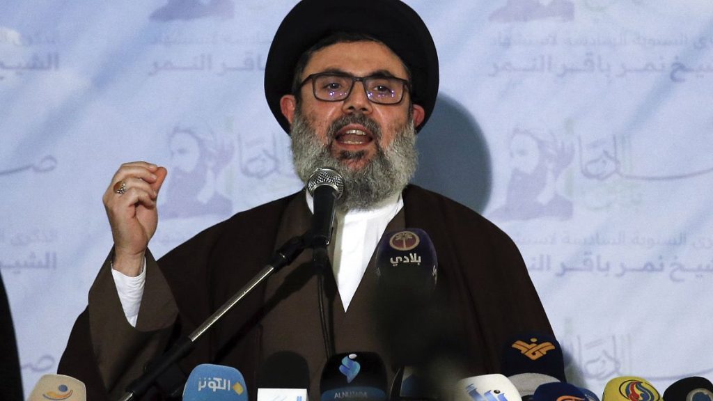 Senior Hezbollah leader Hashem Safieddine speaks during a news conference in the southern Beirut suburb of Dahiyeh, Lebanon, on Jan. 12, 2022.