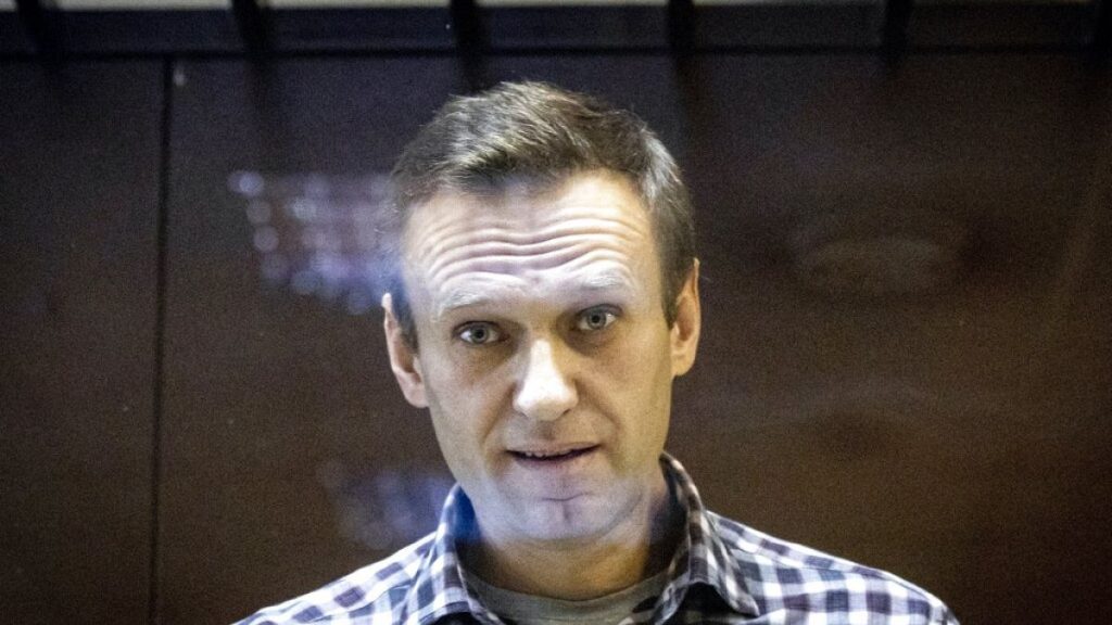 In this Saturday, Feb. 20, 2021, file photo, Russian opposition leader Alexei Navalny looks at photographers standing in the Babuskinsky District Court in Moscow, Russia.