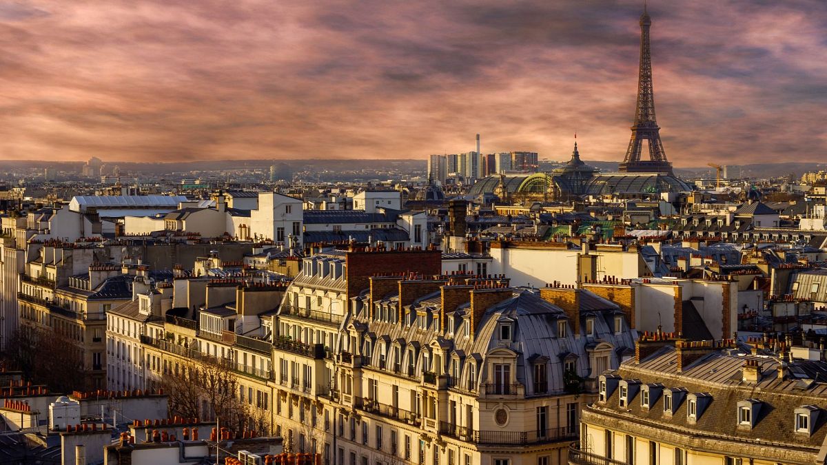 Paris skyline with a view of the Eiffel tower at night