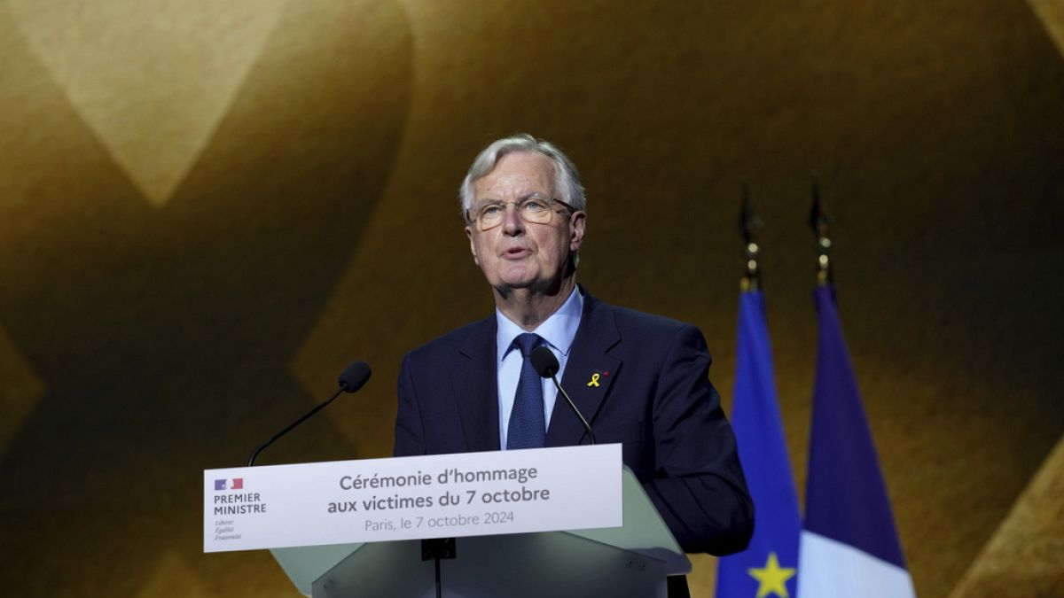 French Prime Minister Michel Barnier speaks during a ceremony at the Palais des Sports in Paris, on Monday, Oct. 7, 2024