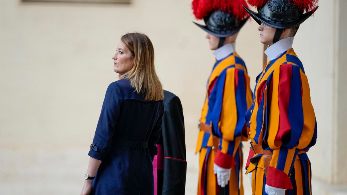 European Parliament President Roberta Metsola arrives in the St. Damasus Courtyard on her way to meet Pope Francis, Friday, Oct. 25, 2024.