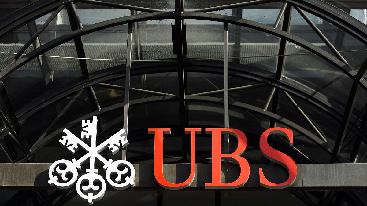 File photo. The UBS bank logo is seen above the main entrance of its offices in the City of London. 3 October 2008.