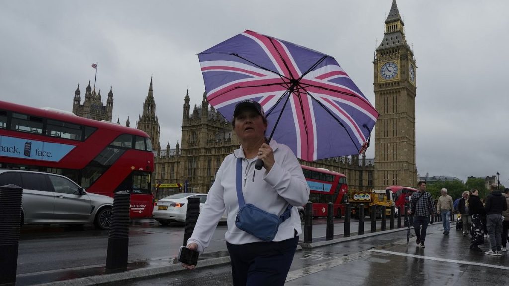 A woman walks past the Houses of Parliament in London