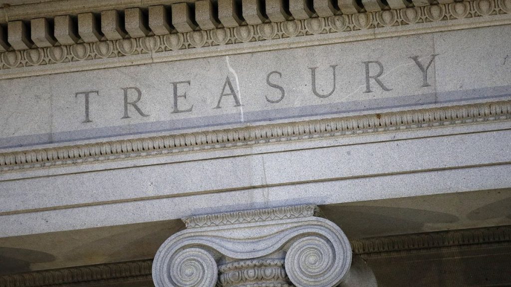 US Treasury Department building at dusk in Washington.