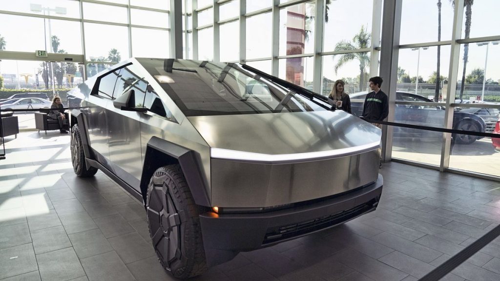 A Tesla Cybertruck is on display at the Tesla showroom in Buena Park, California