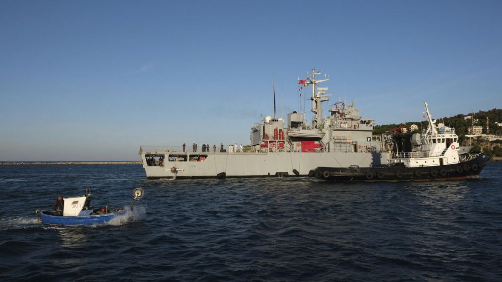 The Italian navy ship Libra as it arrives at the port of Shengjin, northwestern Albania Wednesday, Oct. 16, 2024.