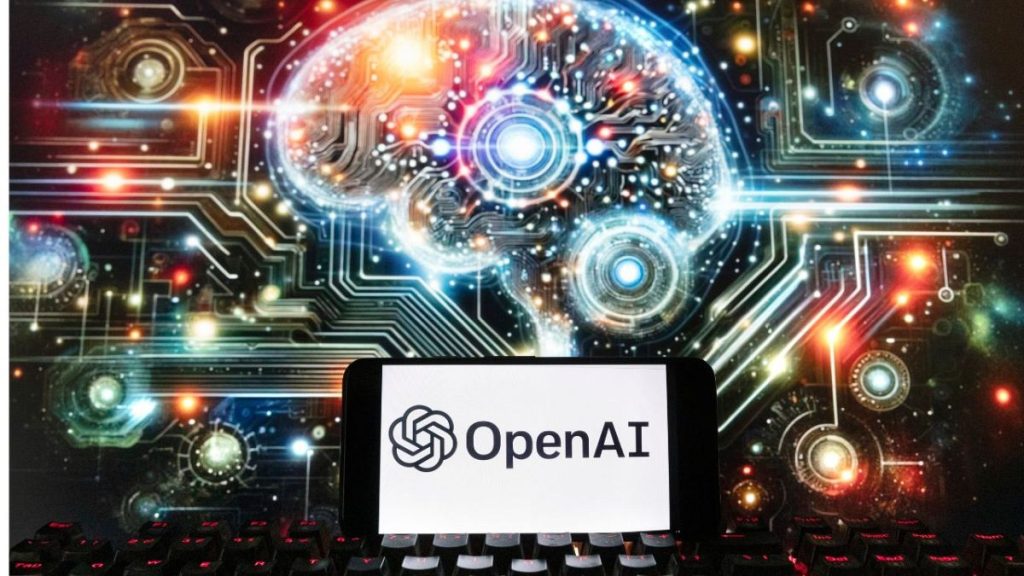 FILE - The OpenAI logo is displayed on a cell phone with an image on a computer screen generated by ChatGPT