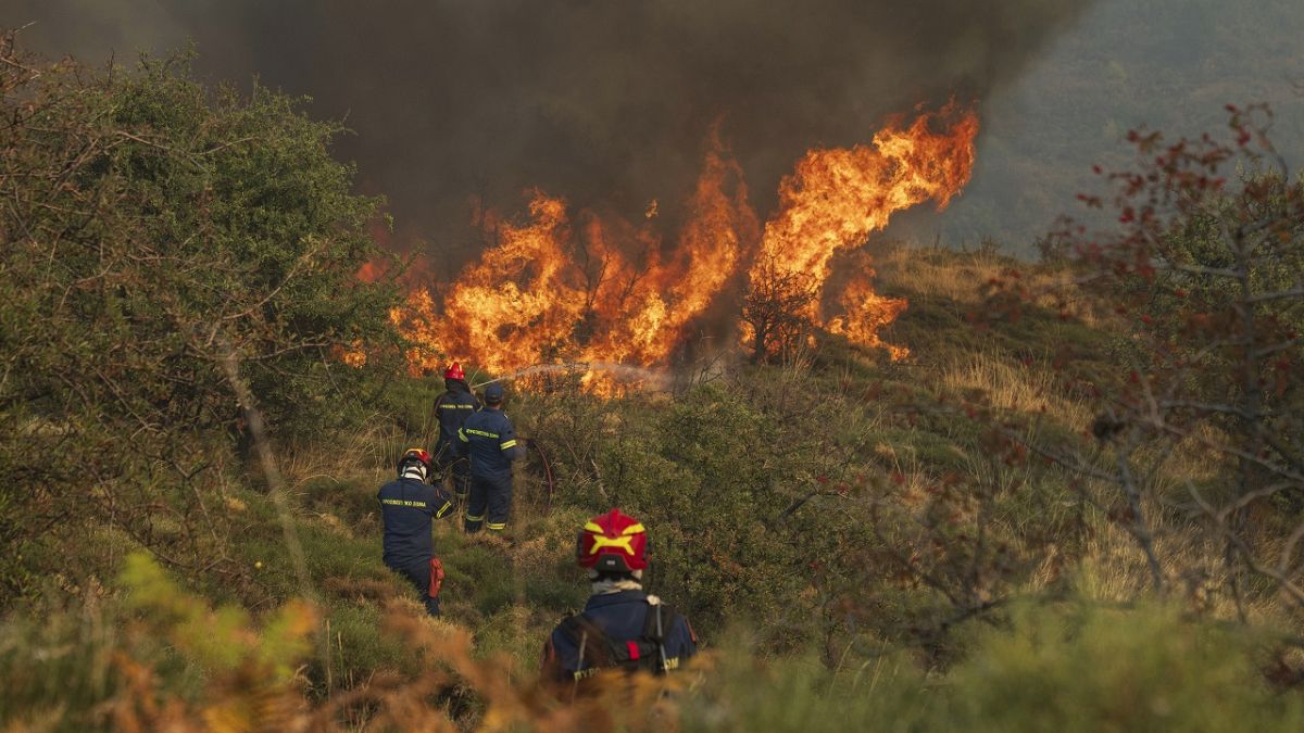 Firefighters try to extinguish the flames during a third day of a wildfire, in Sofiana village, about 142 kilometers (88 miles) west of Athens, Greece, on Tuesday, Oct. 1,