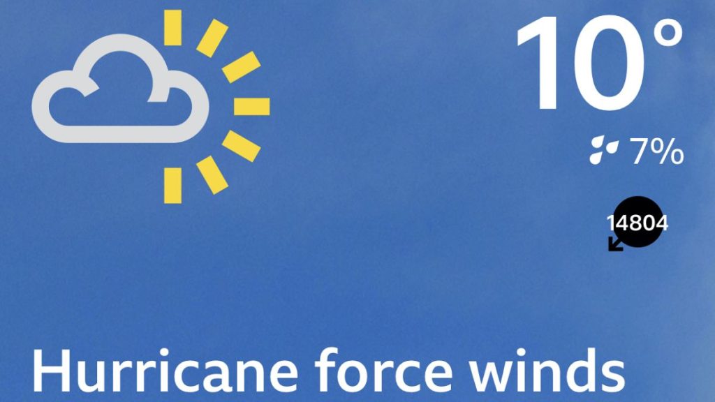 BBC Weather app falsely predicts Hurricane force winds across the country.