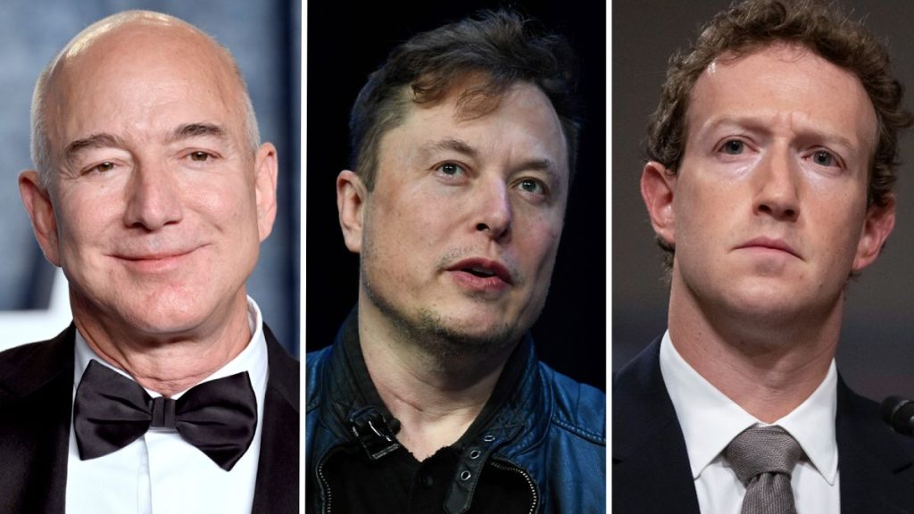 Jeff Bezos (left), Elon Musk (centre), and Mark Zuckerberg (right)