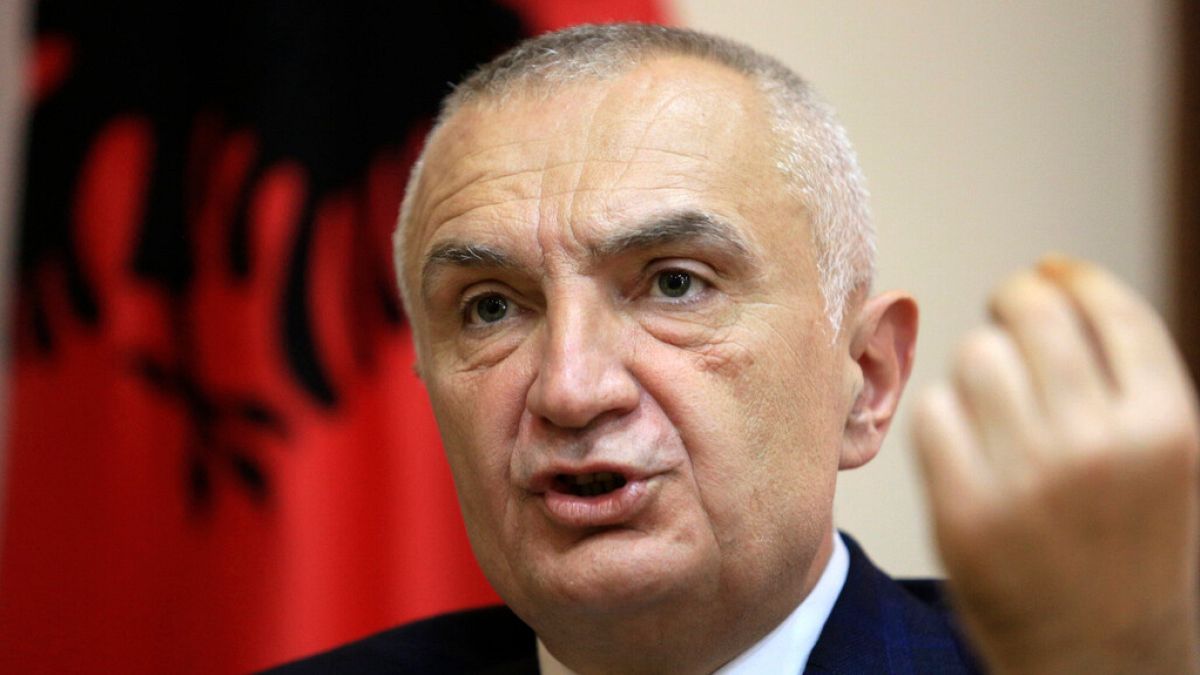 Albanian President Ilir Meta speaks during an interview with the Associated Press in Tirana, Albania, on April 21, 2021.