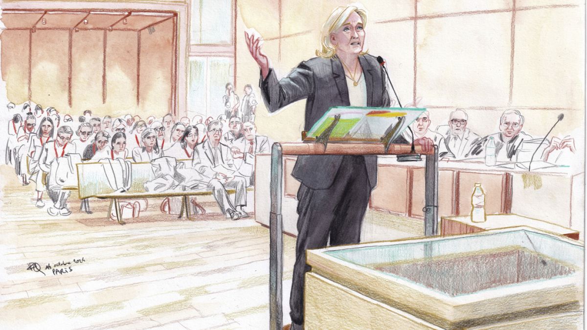 This courtroom sketch by Valentin Pasquier shows French far-right leader Marine Le Pen during her trial, Paris France, Monday, Oct. 14, 2024.