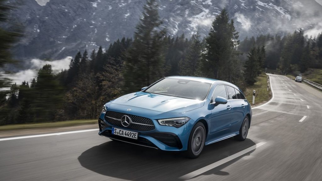 The Mercedes-Benz CLA 250 e with EQ Hybrid Technology on a road.