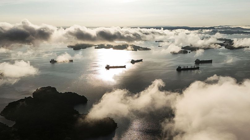 Des cargos attendent de transiter par le canal de Panama dans le lac Gatun à Colon, Panama, le 2 septembre 2024. 