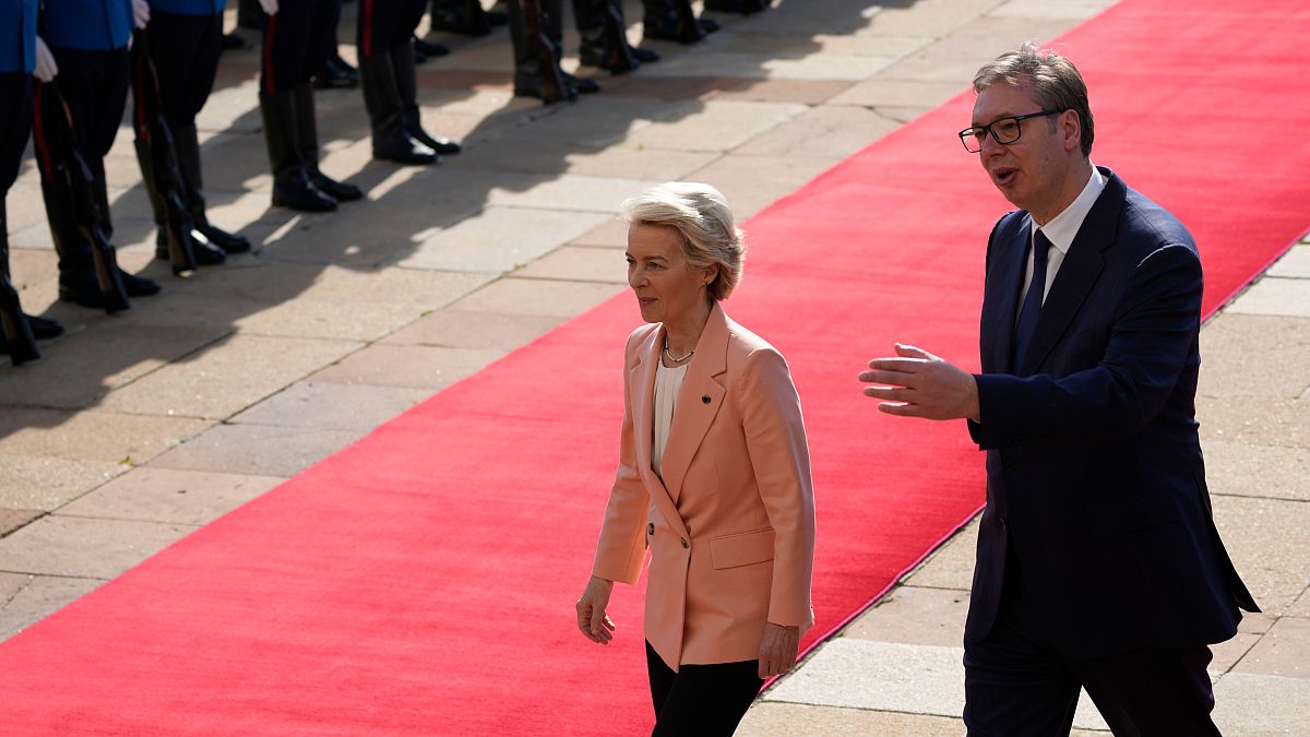 European Commission President Ursula von der Leyen and Serbian President Aleksandar Vucic, during a welcome ceremony at the Serbia Palace in Belgrade, Serbia, Friday, Oct. 25,