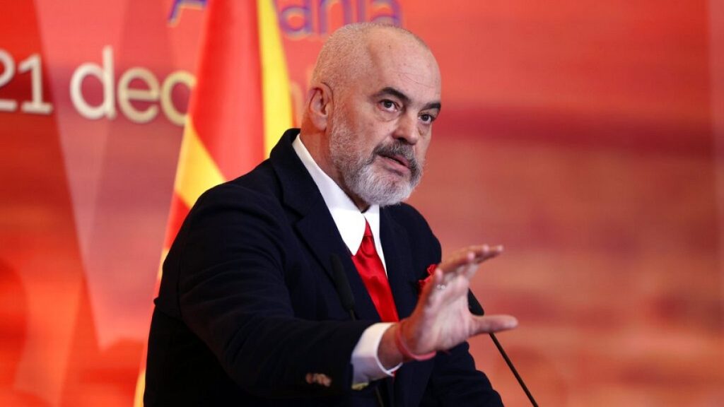 Albanian Prime Minister Edi Rama speaks during a press conference  at the Palace of Brigades, Tirana, Albania, Tuesday, Dec. 21, 2021.