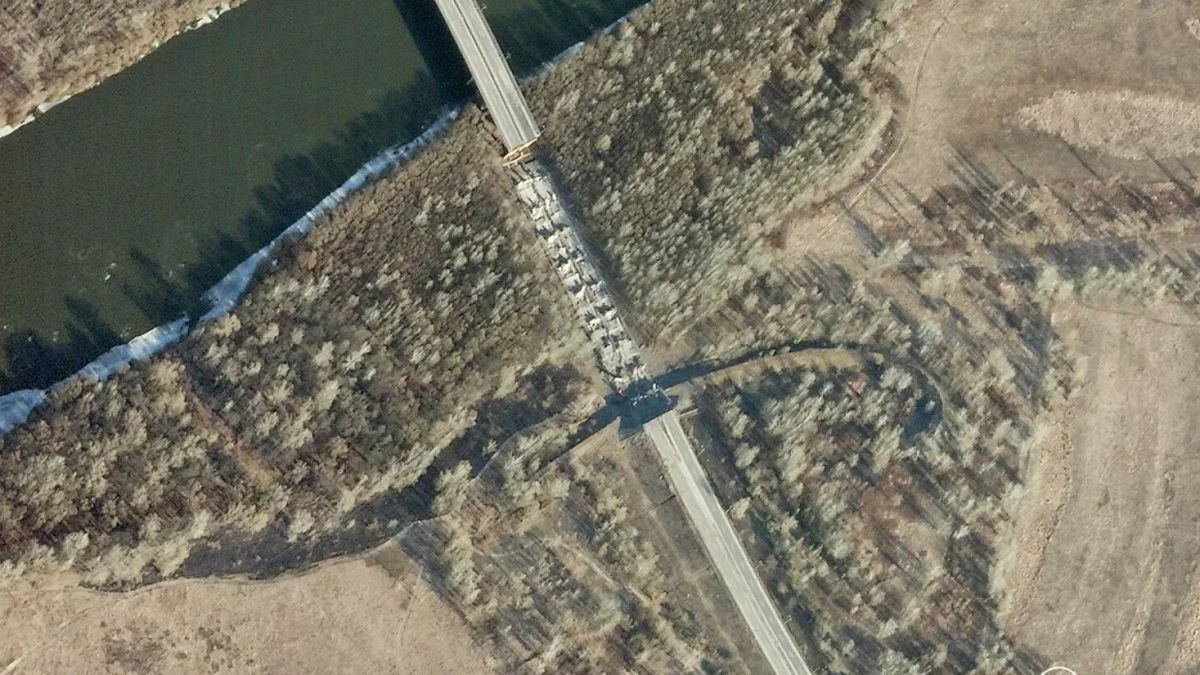 A satellite image recording damage on the Desna River Bridge in Chernihiv, Ukraine on February 28, 2022