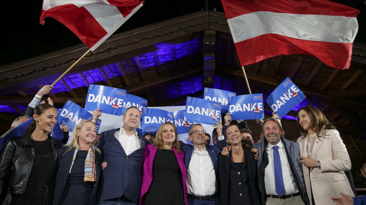 Herbert Kickl, leader of the Freedom Party of Austria poses with supporters, in Vienna, Austria, Sunday, Sept. 29, 2024, after polls closed in the country