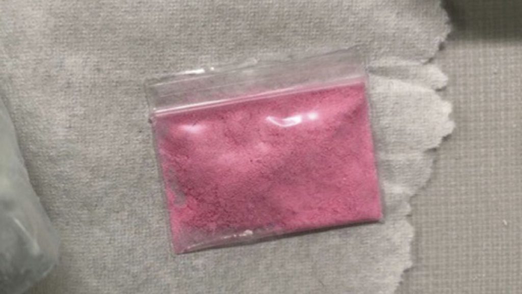 A bag of pink cocaine is displayed in 2023.