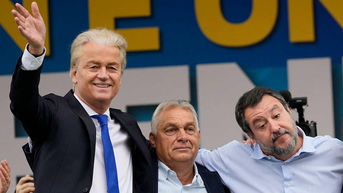 Dutch populist leader Geert Wilders (left), Hungarian Prime Minister Viktor Orbán and Italian League leader Matteo Salvini.