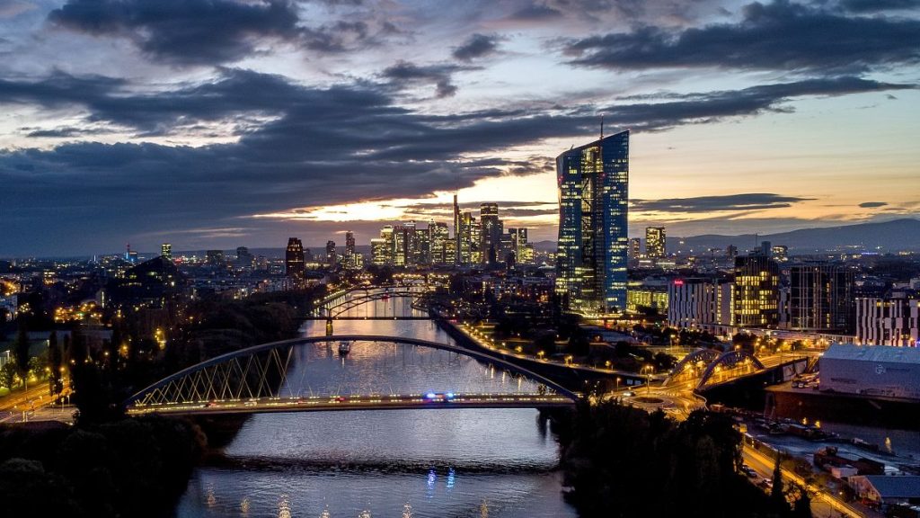 The European Central Bank, and the buildings of the banking district in Frankfurt, Germany.