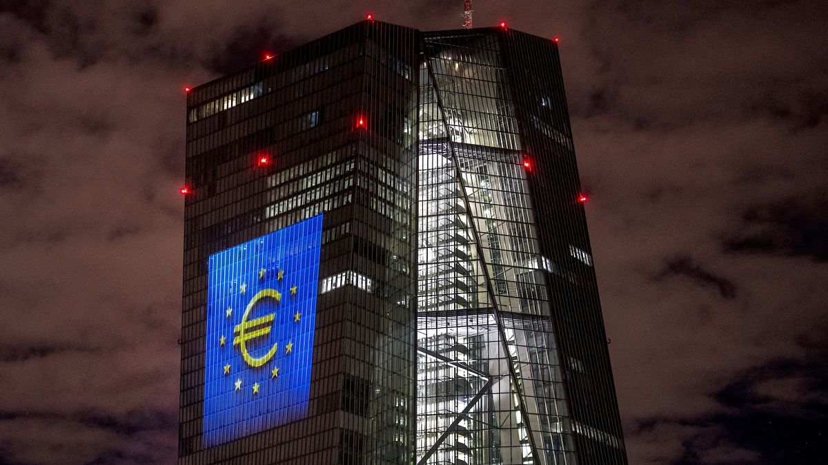 A light installation is projected onto the the European Central Bank in Frankfurt