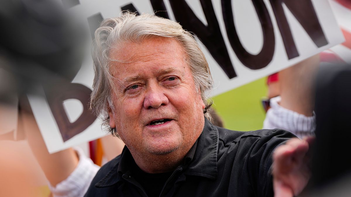 Steve Bannon speaks outside Danbury Federal Correctional Institution in Connecticut, 1 July 2024