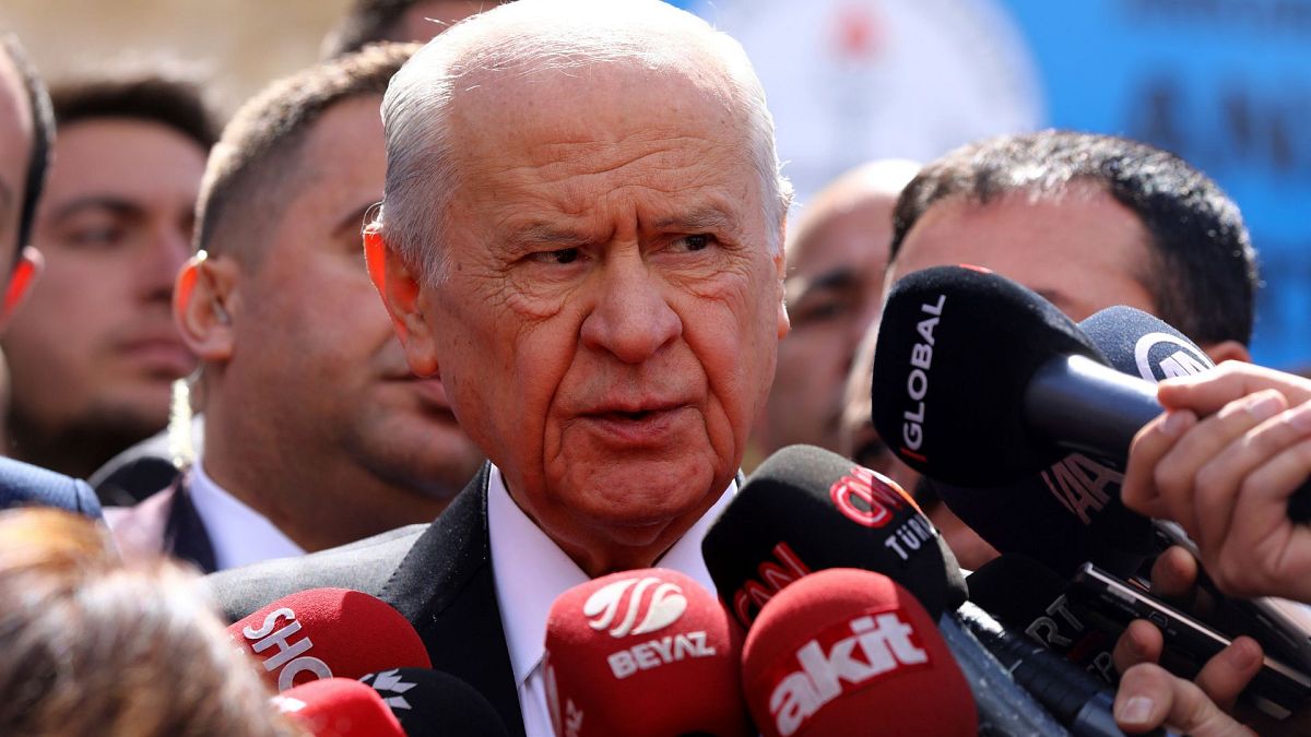 Chairman of the Nationalist Movement Party MHP Devlet Bahceli talks to the media after casts his ballot at a polling station in Ankara, Turkey, Sunday, 31 March 2019