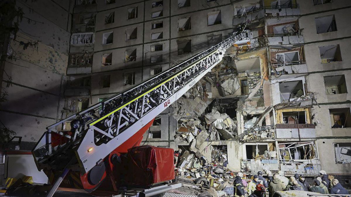 In this photo provided by Kharkiv City Administration a multi-storey apartment building is seen damaged by Russian attack in Kharkiv, Ukraine, late Wednesday, Oct. 30, 2024.