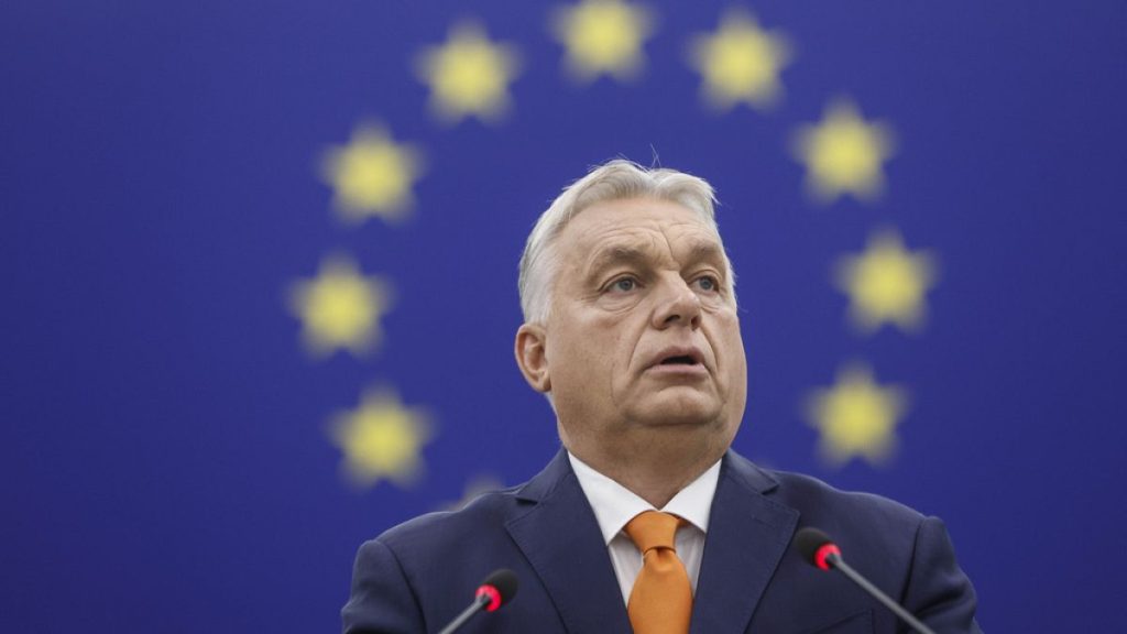 Hungarian Prime Minister and President of EU Council Viktor Orban delivers his speech in the Hemicycle of the European Parliament in Strasbourg, France, Wednesday Oct. 9, 2024