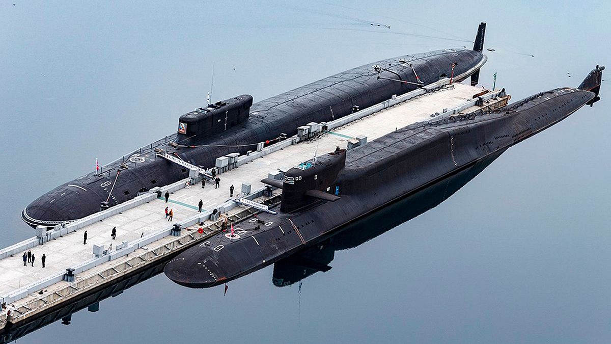 Russian nuclear submarines Prince Vladimir, above, and Yekaterinburg are harbored at a Russian naval base in Gazhiyevo, Kola Peninsula, Russia, 13 April 2021.