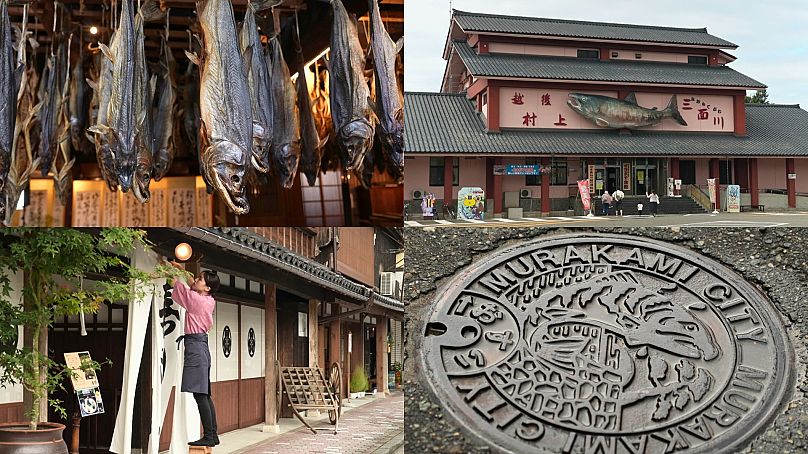 Le saumon est partout dans la ville de Murakami - du musée du saumon Iyoboya Kaikan (en haut à droite) aux plaques d'égout sur les trottoirs