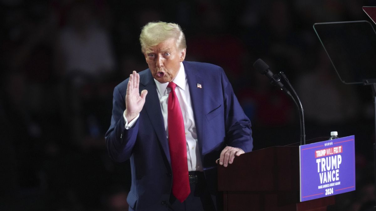 Republican presidential nominee former President Donald Trump speaks at a campaign rally at PPG Paints Arena, Monday, Nov. 4, 2024, in Pittsburgh, Pa.