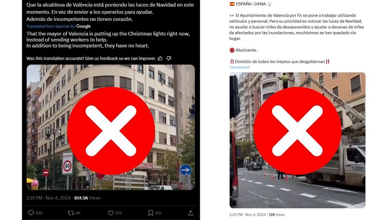 Deux messages trompeurs du personnel de la Mairie de Valence qui auraient installé des décorations de Noël pendant la période de sauvetage.