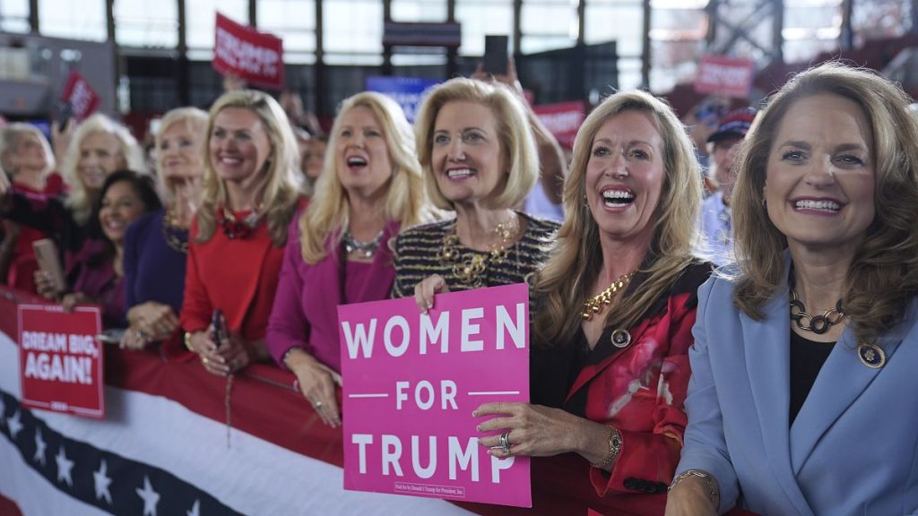 Women for Republican presidential nominee former President Donald Trump show their support as he arrives to speak during a campaign rally at J.S. Dorton Arena, Nov. 4, 2024