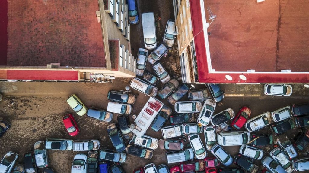 Vehicles pile up in the streets after flooding caused by late Tuesday and early Wednesday storm in Alfafar, Valencia region, Spain, November 2nd 2024