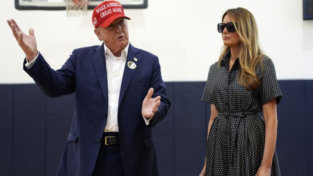 Donald Trump speaks as former first lady Melania Trump listens after they voted on Election Day at the Morton and Barbara Mandel Recreation Centre, Nov. 5, 2024, in Palm Beach