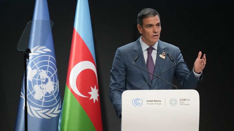 Le Premier ministre espagnol Pedro Sanchez s'exprime lors d'une séance plénière lors du Sommet des Nations Unies sur le climat COP29, le mardi 12 novembre 2024, à Bakou, en Azerbaïdjan.