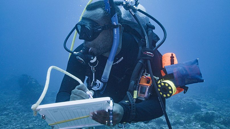 Ronnie Posala collecte des données lors d'une plongée lors de l'expédition aux Îles Salomon. 