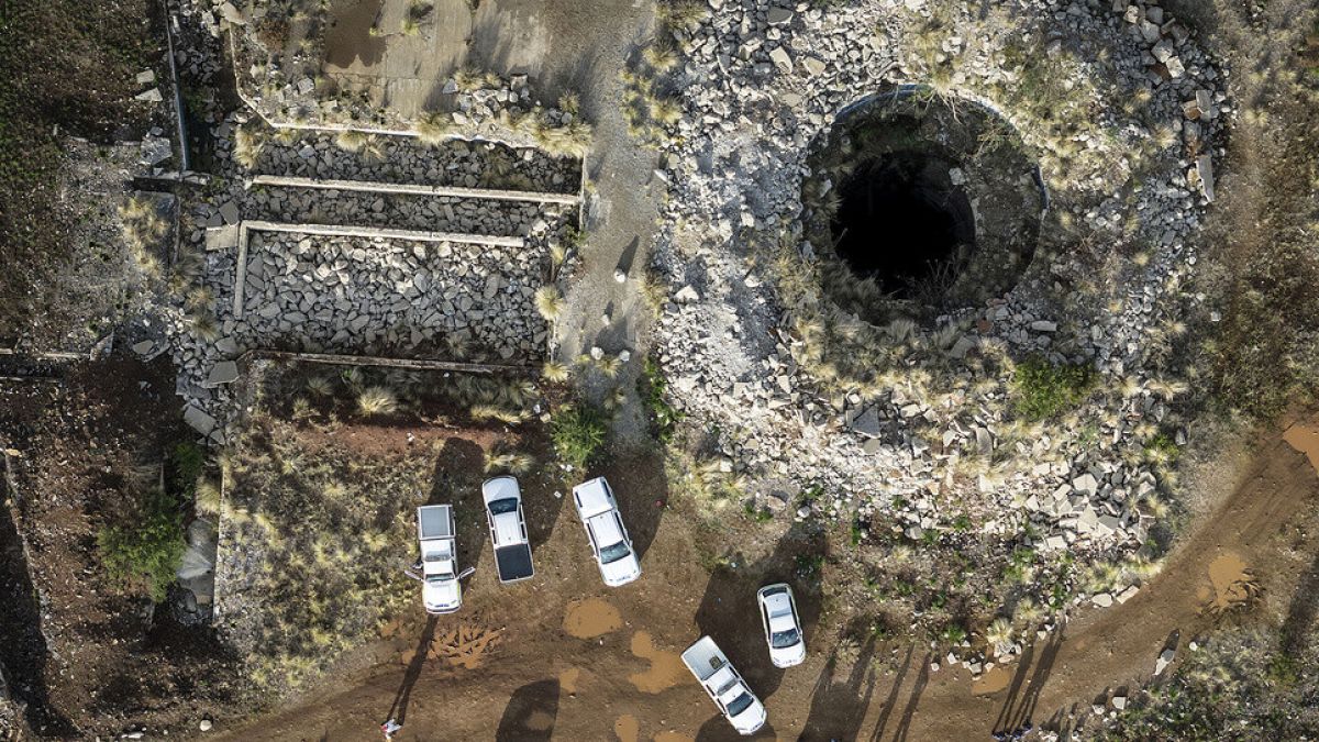 An aerial view of a mine shaft where an estimated 4000 illegal miners are trapped in a disused mine in Stilfontein, South Africa, Wednesday, Nov. 13, 2024.