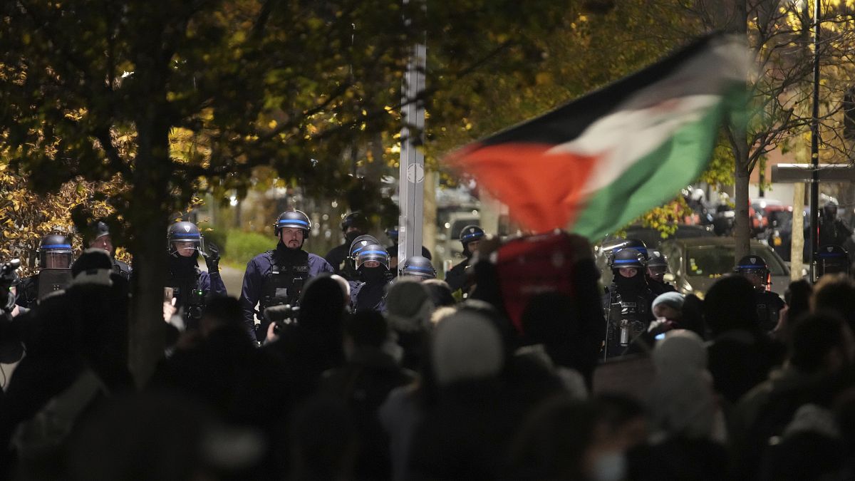 Pro-Palestinian protesters face police officers after a rally ahead of the Nations League football match, 14 November, 2024