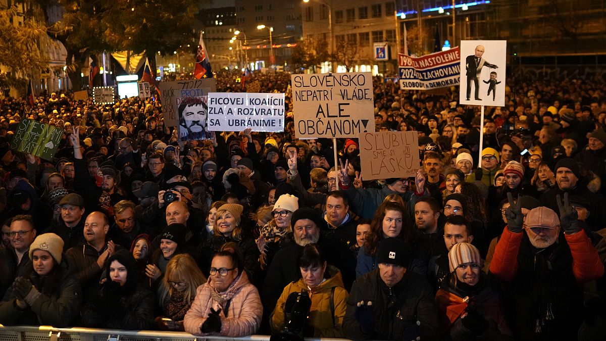 Thousands of protesters gather to mark the 35th anniversary of the Velvet Revolution in Bratislava, 17 November, 2024