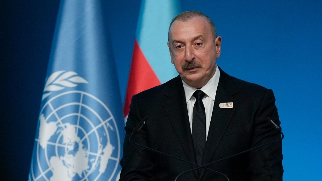 Ilham Aliyev, Azerbaijan president, speaks during a plenary session at the COP29 U.N. Climate Summit, Tuesday, Nov. 12, 2024, in Baku, Azerbaijan.