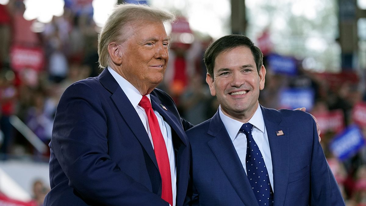 FILE - Republican presidential nominee former President Donald Trump greets Sen. Marco Rubio, R-Fla., during a campaign rally at J.S. Dorton Arena, Nov. 4, 2024, in Raleigh