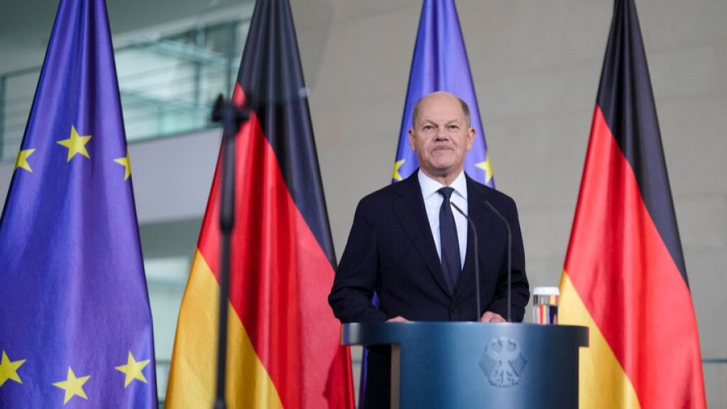 German Chancellor Olaf Scholz gives a statement on the US Election at the chancellery in Berlin, Germany, Wednesday, Nov. 6, 2024.